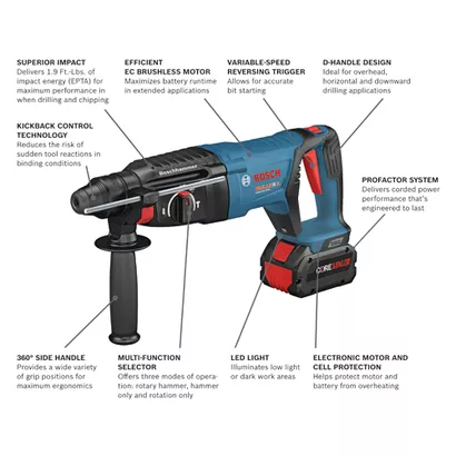 BOSCH GBH18V-26DK24, 18V Brushless 1" SDS-plus® D-Handle Rotary Hammer w/ (2) 8.0 Ah CORE Performance Batteries - Image 2