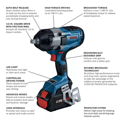 BOSCH GDS18V-740CB14, 18V PROFACTOR Brushless Connected-Ready 1/2 In. Impact Wrench with Friction Ring Kit w/ (1) 8.0 Ah CORE Performance Battery - Image 2
