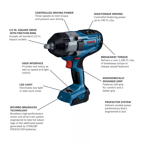 BOSCH GDS18V-740N, 18V BITURBO Brushless 1/2 In. Impact Wrench with Friction Ring (Bare Tool) - Image 2
