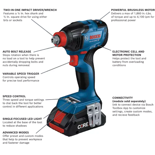 BOSCH GDX18V-1860CB25, 18V Brushless Advanced Connected-Ready Socket-Ready Impact w/ (2) 4.0 Ah CORE Compact Batteries - Image 2