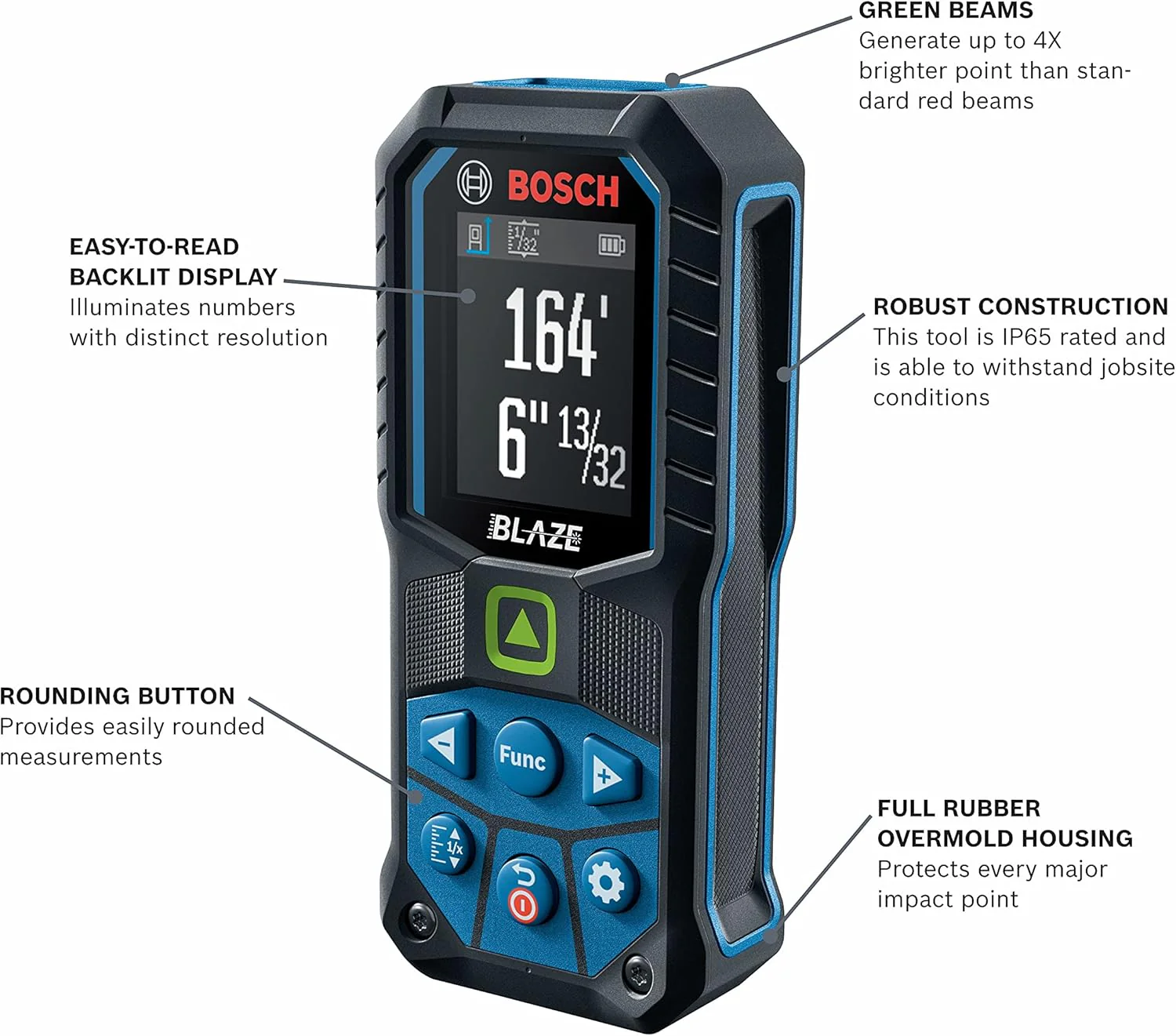 BOSCH GLM165-25G,  BLAZE 165 ft. Green Laser Distance Tape Measuring Tool with Color Screen and Measurement Rounding Functionality - Image 2