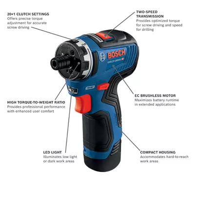 BOSCH GSR12V-300HXB22, 12V Max Brushless Screwdriver Kit w/ (2) 2.0 Ah Batteries - Image 2