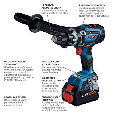 BOSCH GXL18V-260B26, 18V 2-Tool Combo Kit with Connected-Ready 1/2 In. Hammer Drill/Driver, Connected-Ready Two-In-One 1/4 In. and 1/2 In. Bit/Socket Impact Driver/Wrench, (1) CORE18V 8 Ah High Power Battery and (1) CORE18V 4 Ah Advanced Power Battery - Image 8