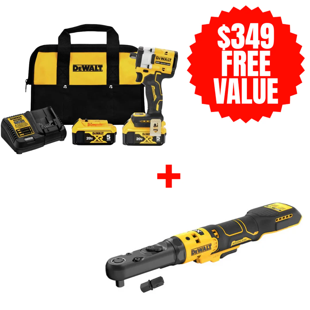 DEWALT DCF921P2 + DCF510B, 20V MAX 1/2" COMPACT IMPACT SR HOG RING + FREE 20V MAX* XR 3/8” / ½” SEALED HEAD RATCHET (Tool Only)