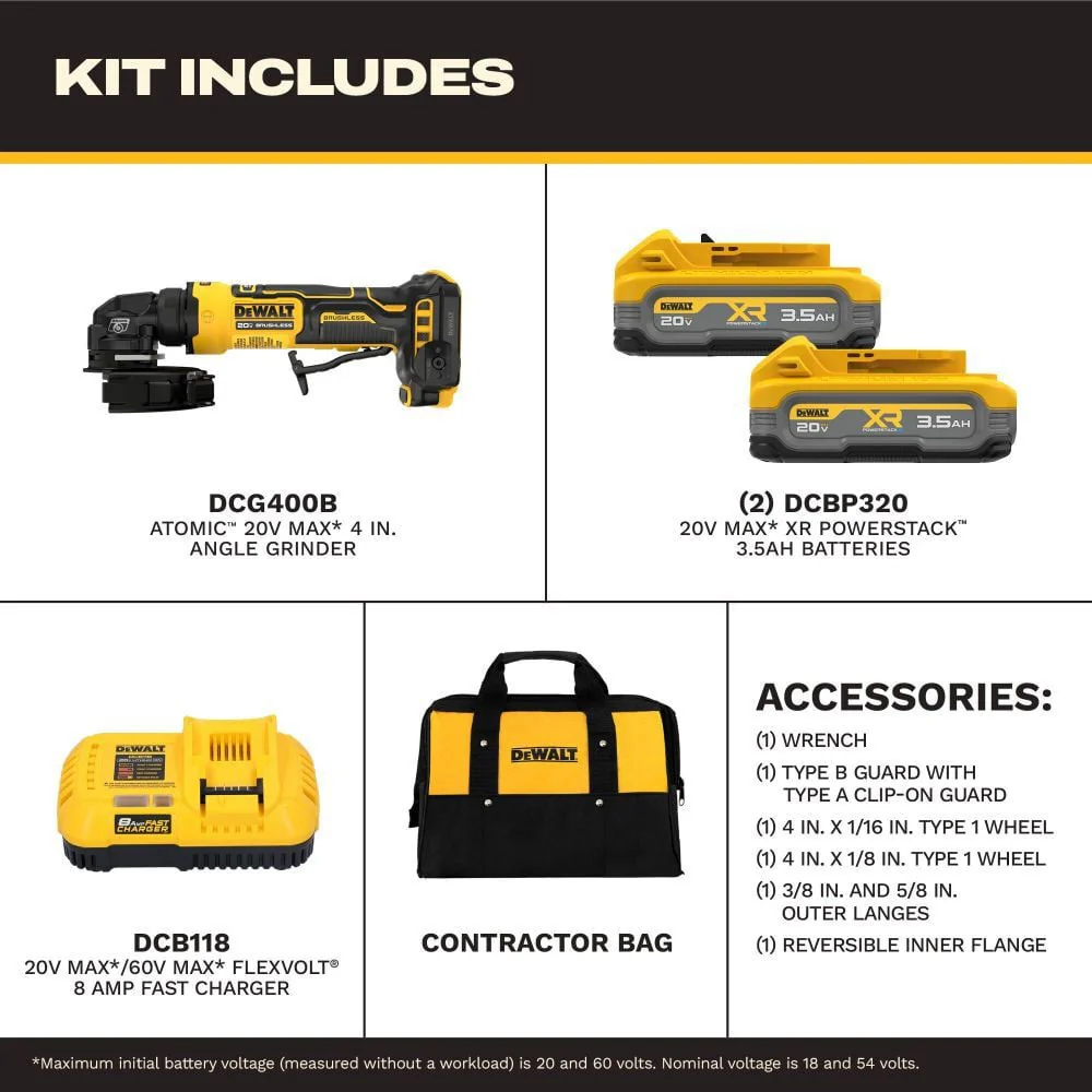 DEWALT DCG400S2, 20V MAX* Cordless 4 in. Angle Grinder Kit (2X 3.5AH PowerStack) - Image 3