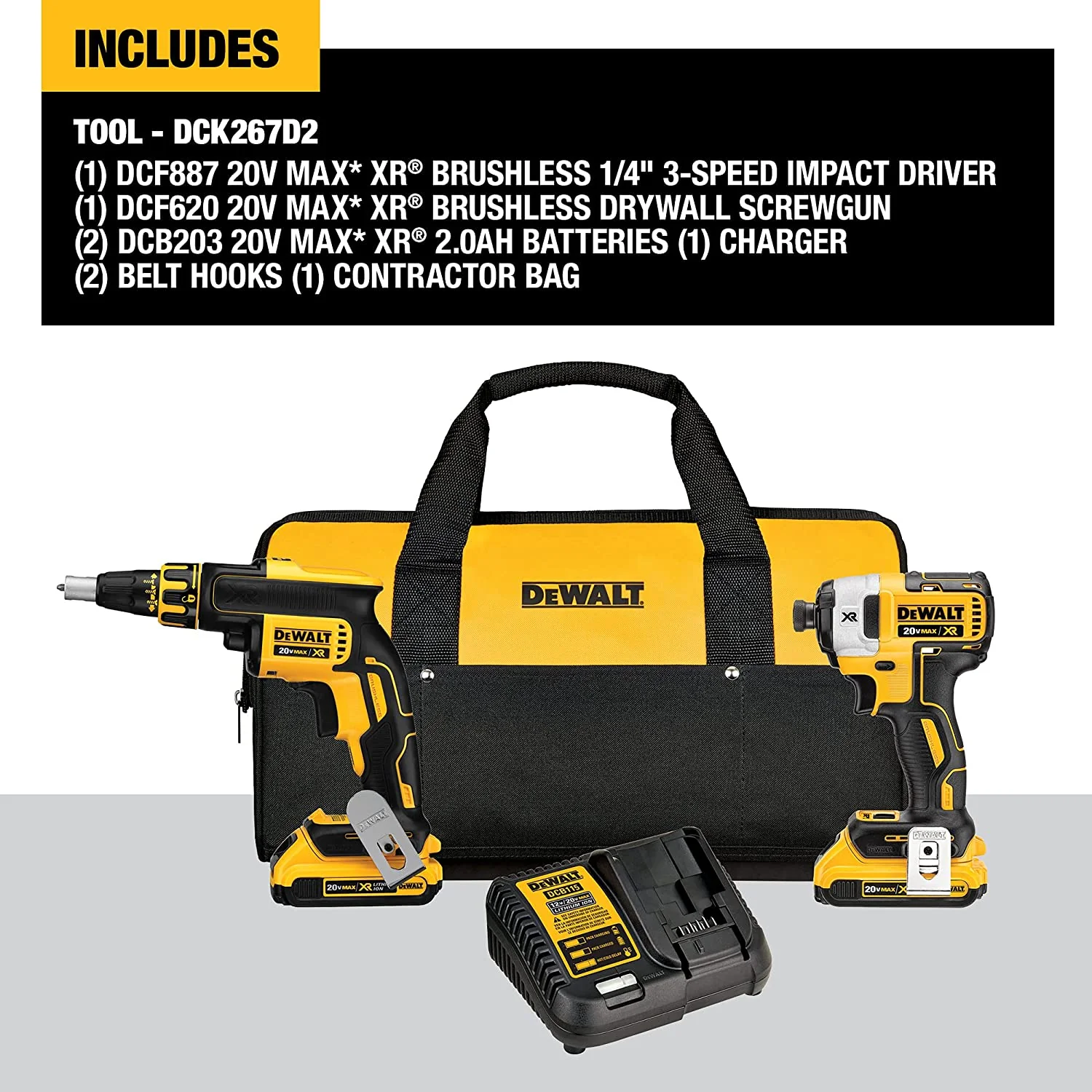 DEWALT DCK267D2, 20V MAX XR Drywall Screwgun & Impact Driver Kit (2.0Ah) - Image 5