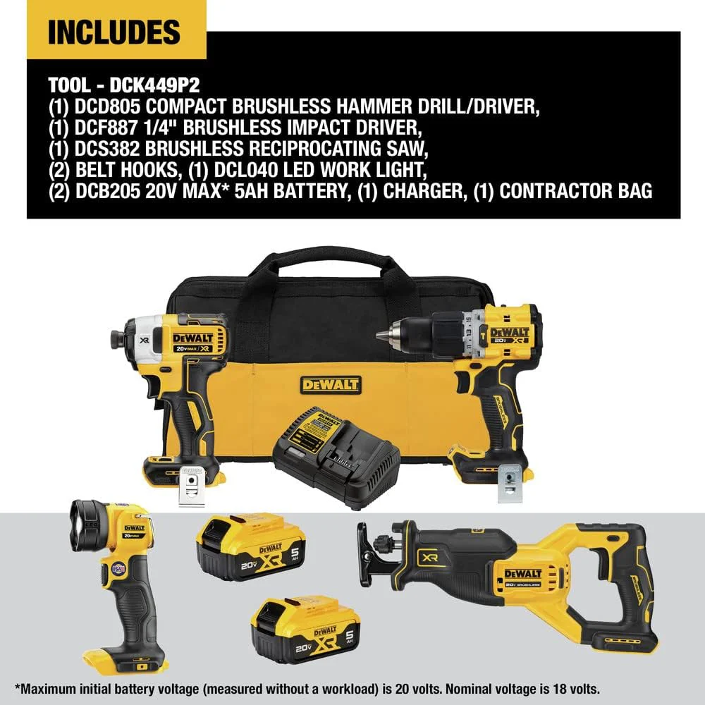 DEWALT DCK449P2, 20V Max XR 4 Tool Combo Kit (5.0AH) - Image 2