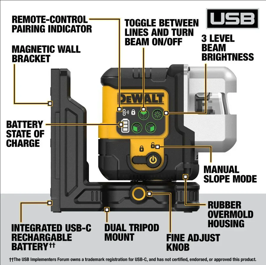 DEWALT DCLE14301GB, USB Rechargeable Green 3X180° Line Laser Base Kit - Image 3