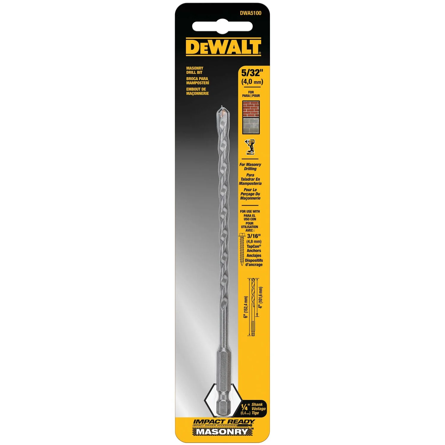 DEWALT DWA5100, Impact Ready Masonry Bit 5/32 x 4 x 6 - Image 2