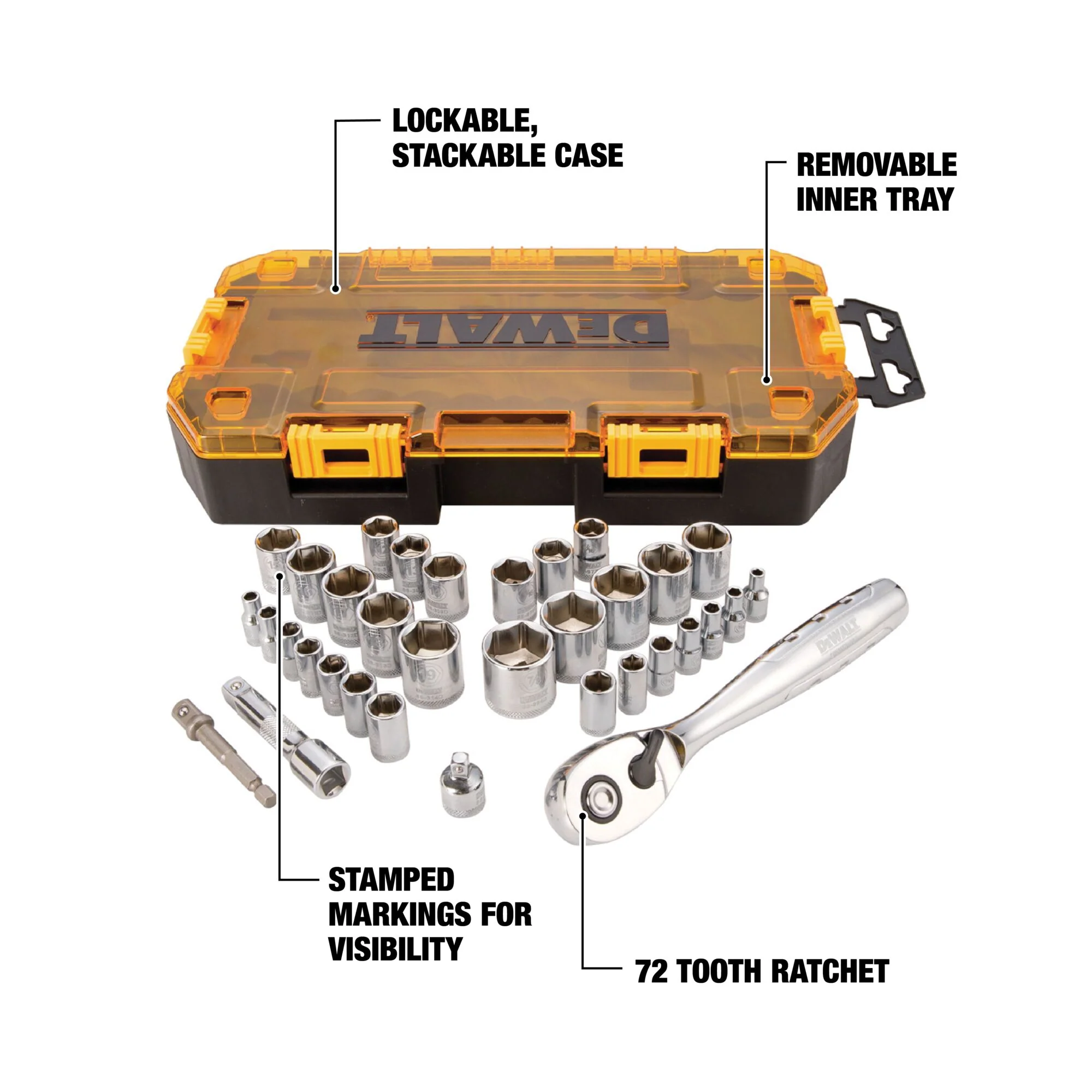 DEWALT DWMT73804, 34 pc 1/4'' & 3/8'' Drive Socket Set - Image 3