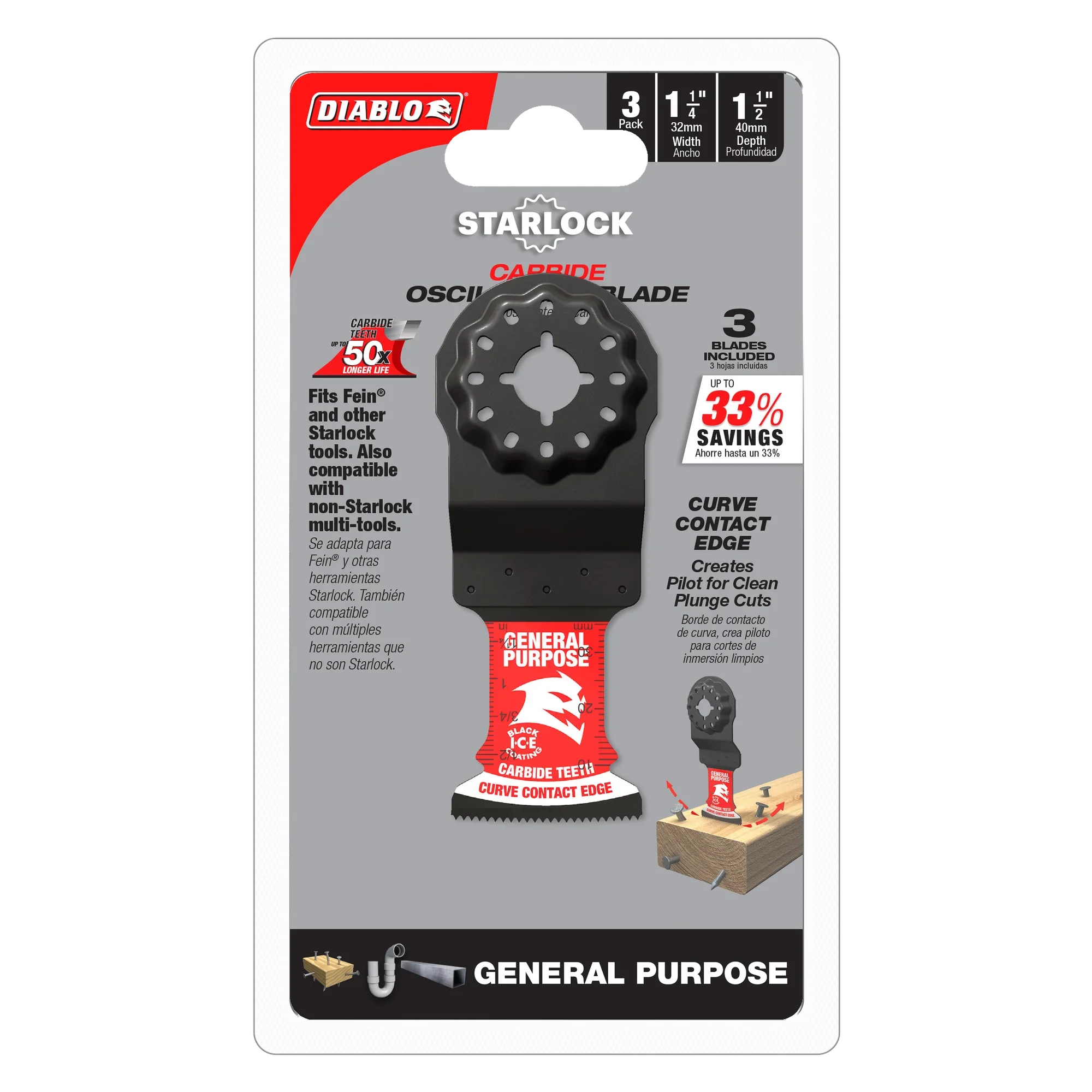 Diablo DOS125CGP3, 1-1/4" AMPED™ Demo Demon™ Starlock Carbide Teeth Oscillating Blades for General Purpose Cuts - Image 2
