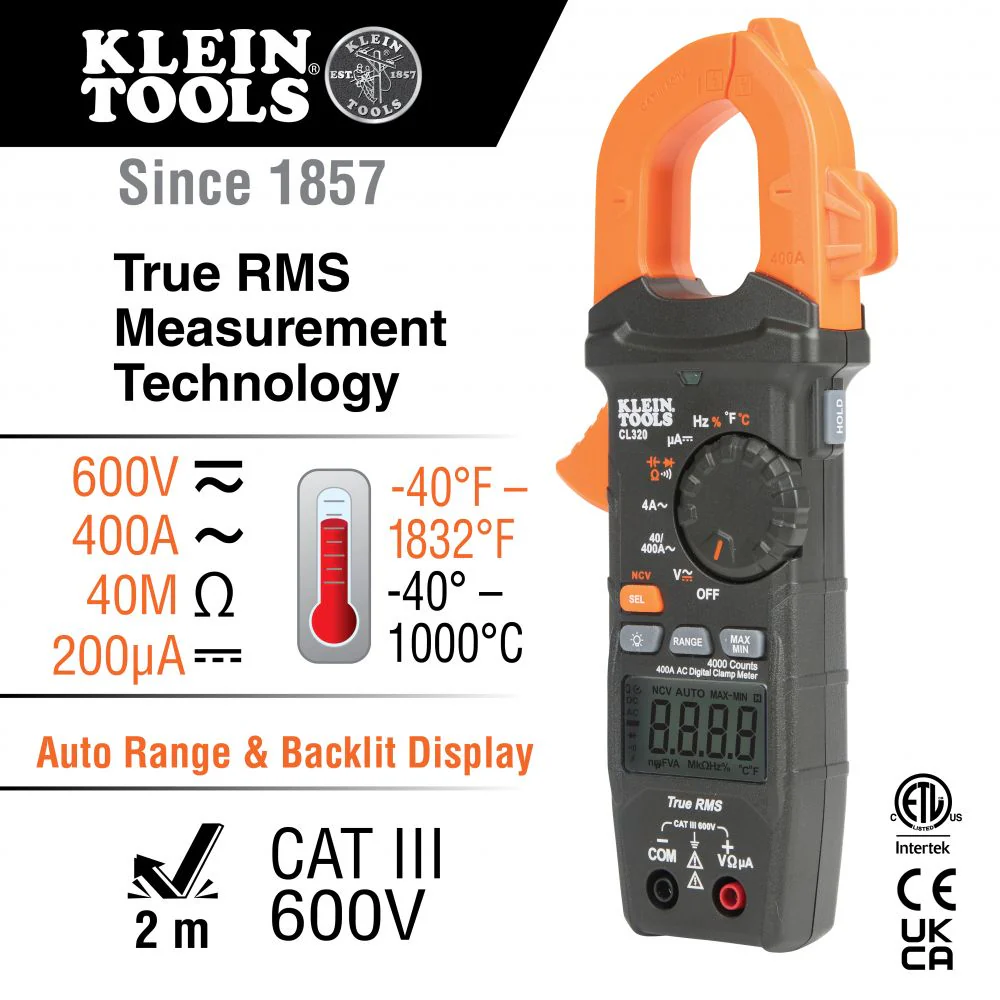 Klein Tools CL320, HVAC Digital Clamp Meter, AC Auto-Ranging 400 Amp - Image 8