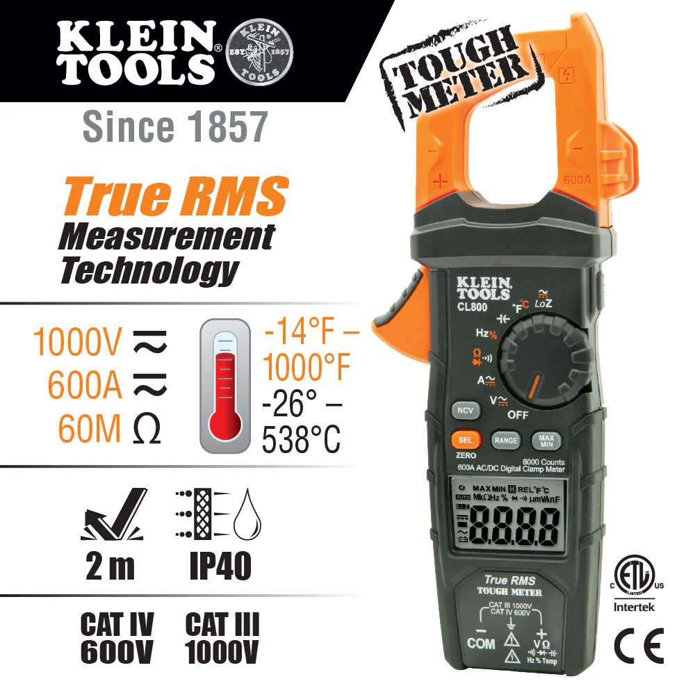 Klein Tools CL800, Digital Clamp Meter, AC Auto-Range TRMS, Low Impedance (LoZ), Auto Off - Image 6