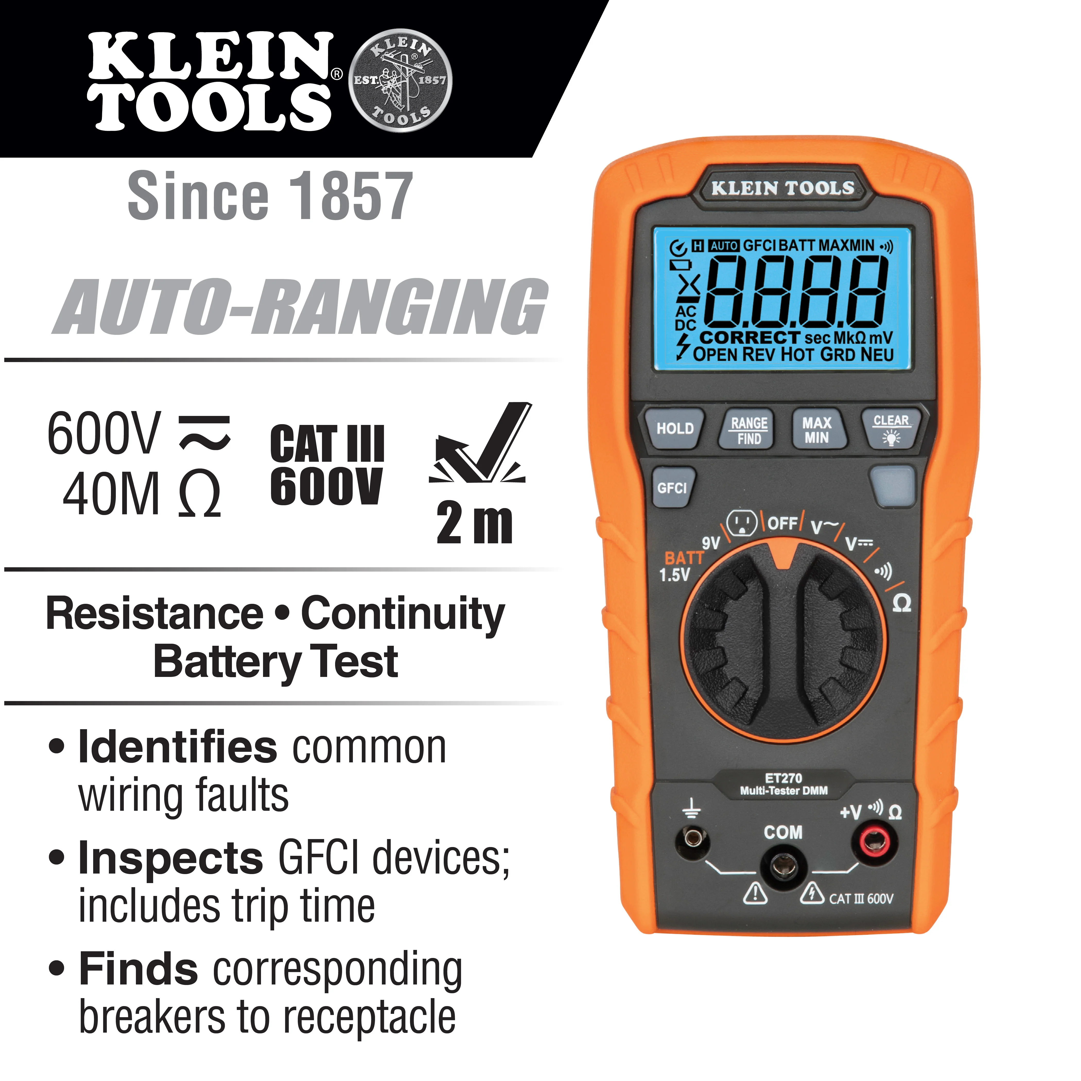 Klein Tools ET270, Digital Multi-Tester, Multimeter with Receptacle Tester - Image 2