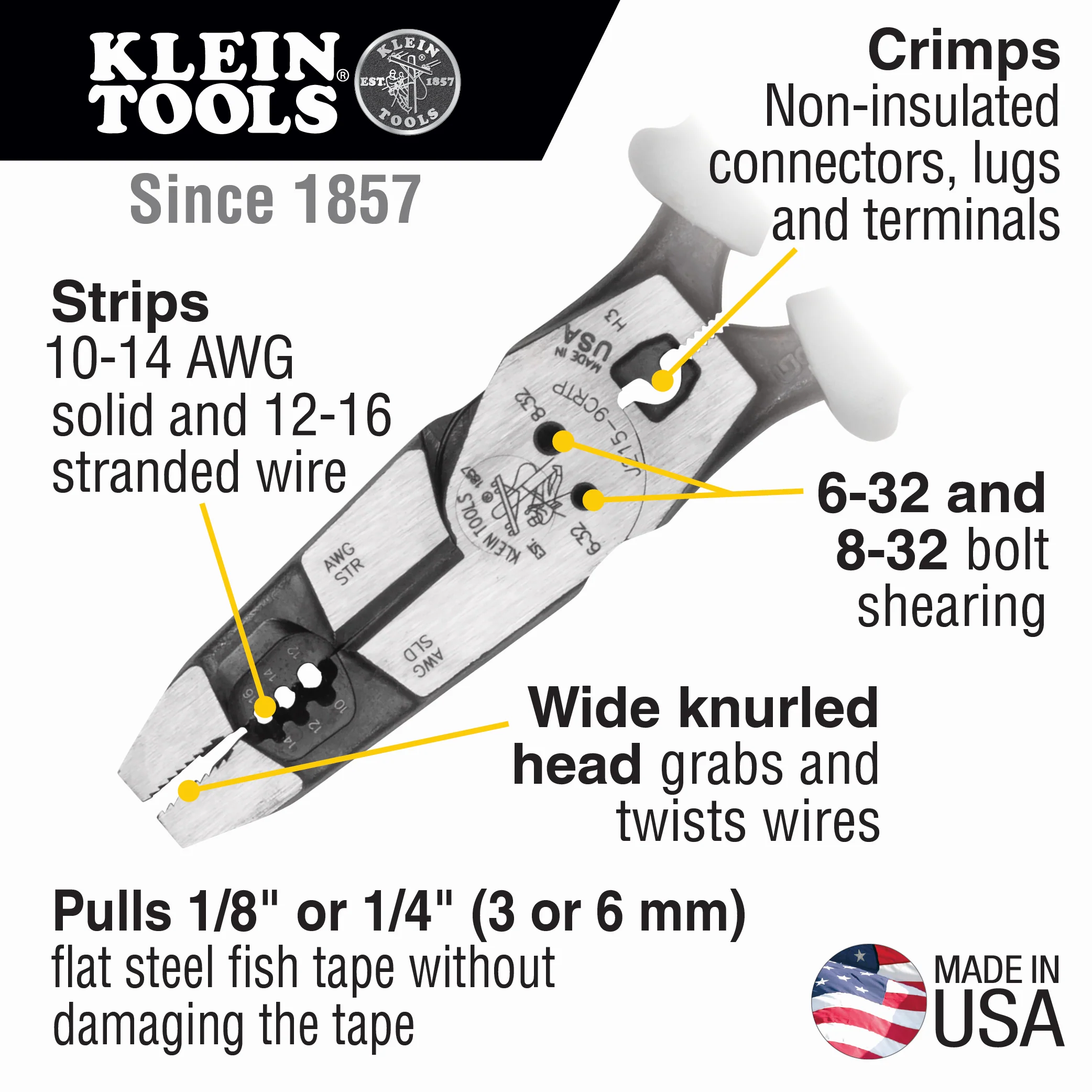 Klein Tools J2159CRTP, Hybrid Pliers with Crimper, Fish Tape Puller and Wire Stripper - Image 2
