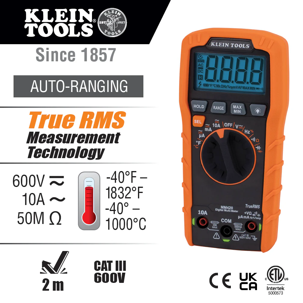 Klein Tools MM420, Digital Multimeter TRMS Auto-Ranging 600V Temp - Image 2