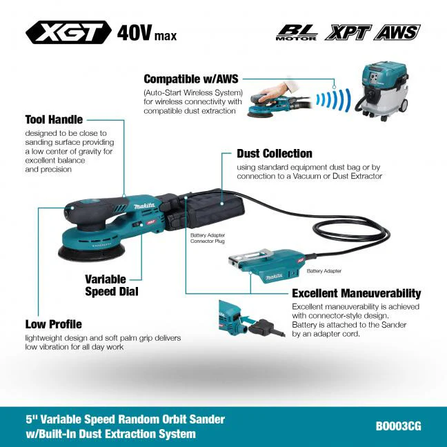 Makita BO003CGZ, 40V Max XGT Brushless 5" Random Orbit Sander W/AWS (Tool Only) - Image 13