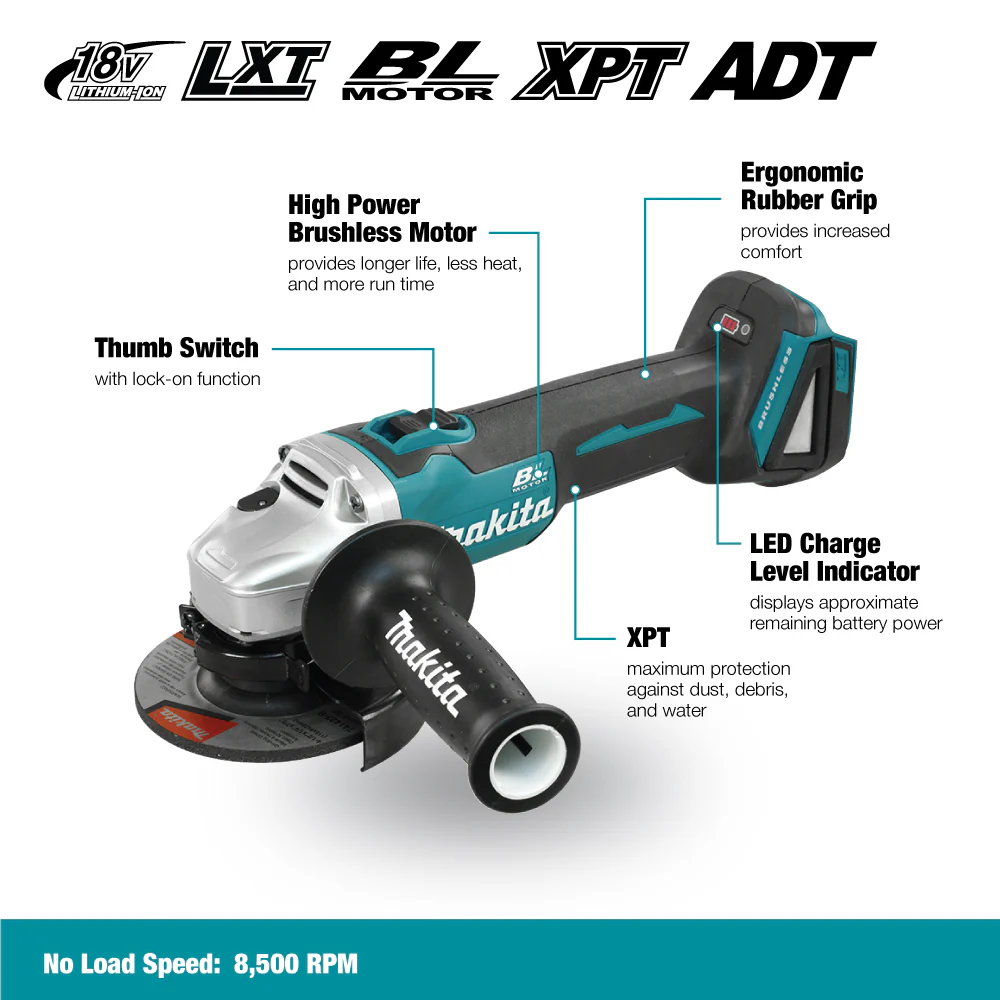 Makita DGA454Z, 18V LXT Brushless 4-1/2" Grinder, Slide Switch (Tool Only) - Image 3