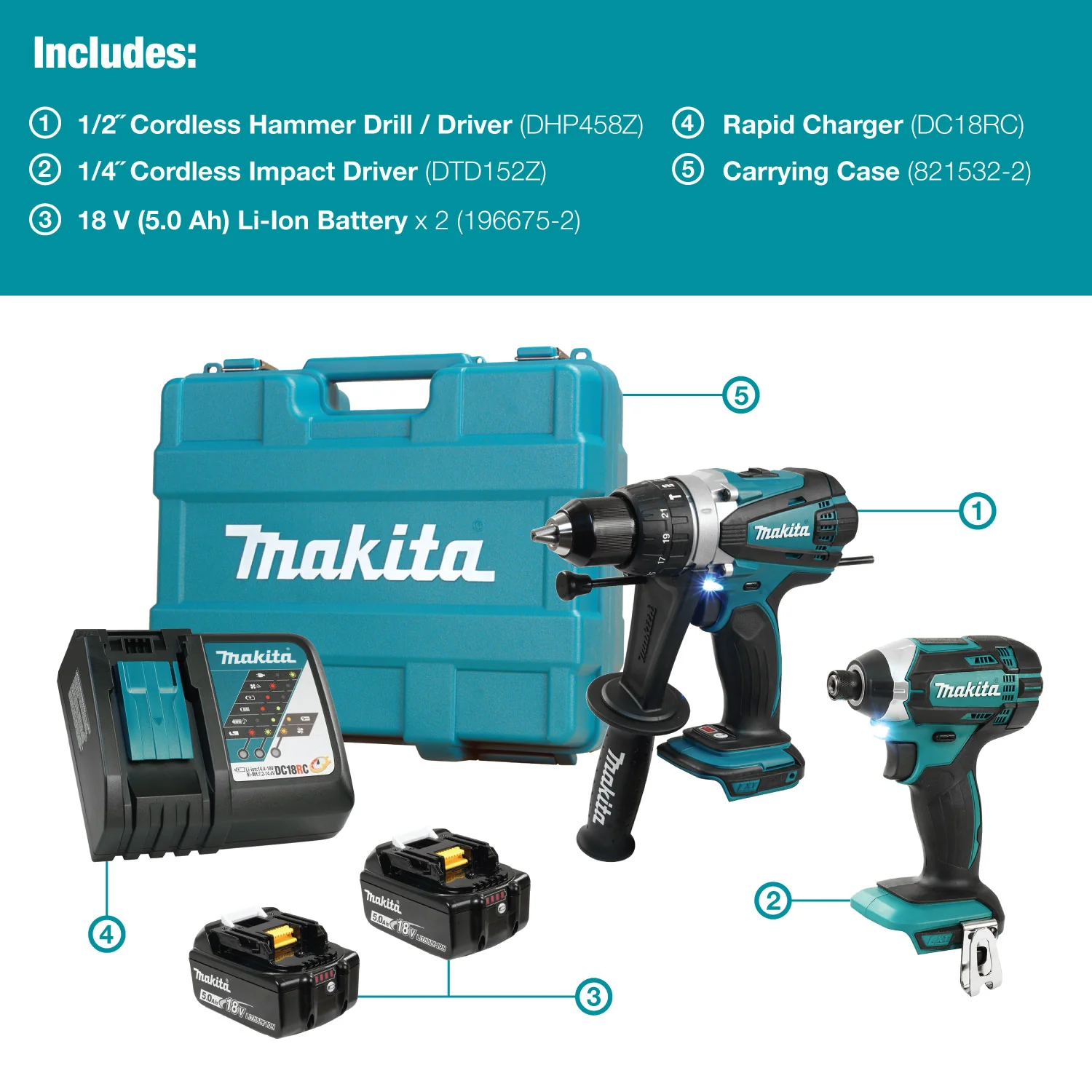 Makita DLX2005T, 18V LXT 2PC Combo 5.0Ah Kit (DHP458Z+DTD152Z) - Image 2
