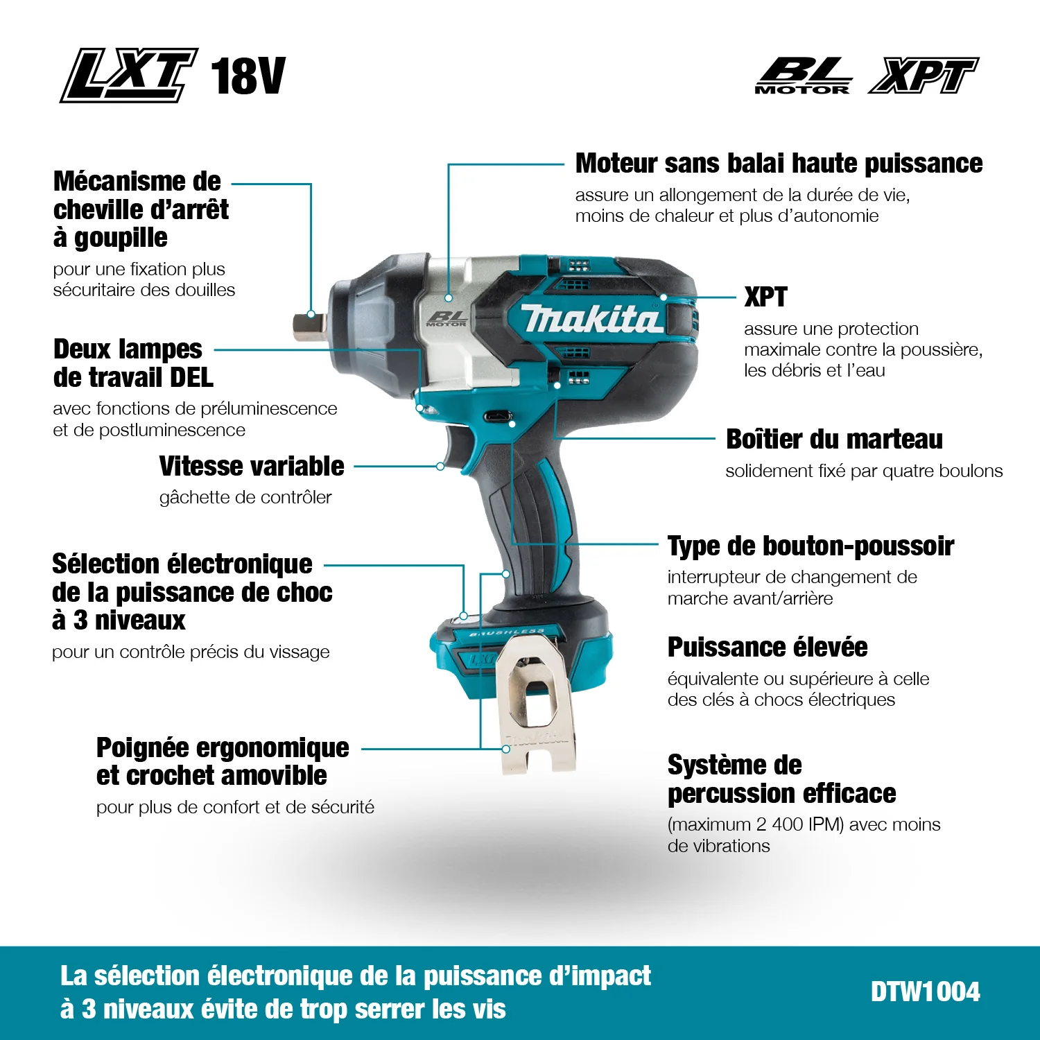 Makita DTW1004Z, 18V LXT Brushless High Torque 1/2" Impact Wrench (Tool Only) - Image 10