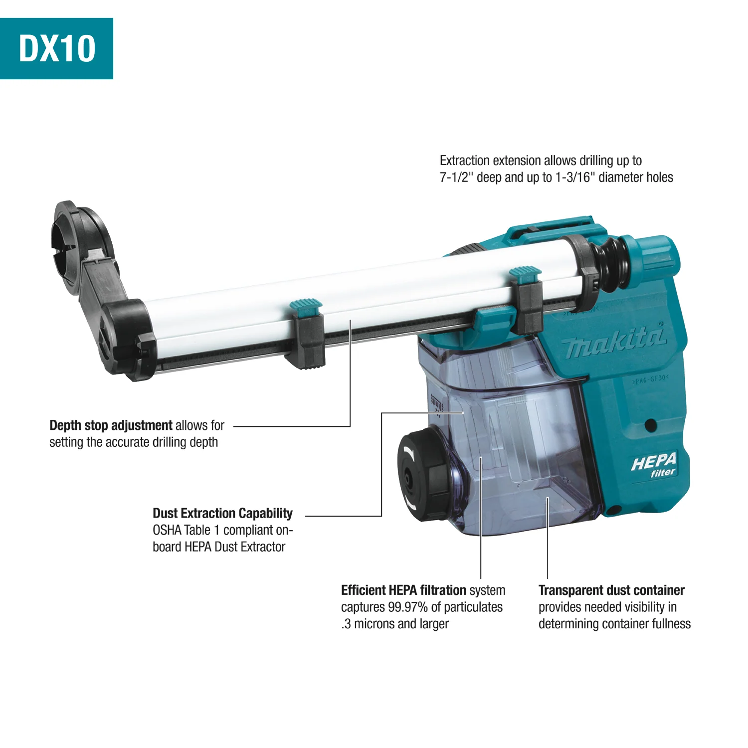 Makita DX10, Dust Extractor Attachment with HEPA Filter Cleaning Mechanism - Image 2
