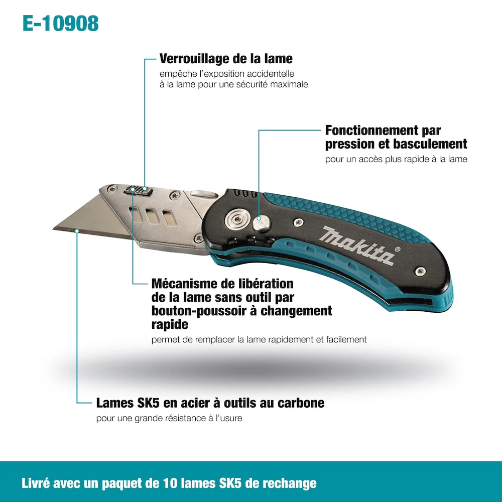 Makita E-10908, FASTBACK Folding Utility Knife w/ 10 Pc. Replacement Blades - Image 3