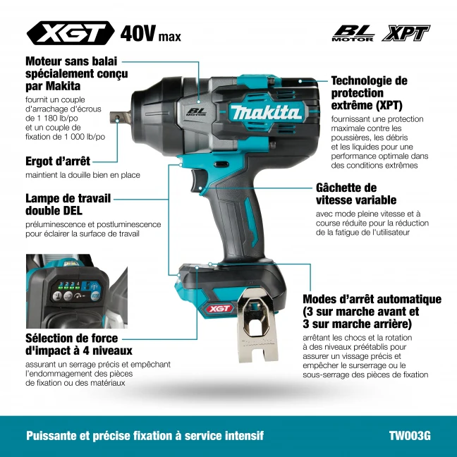 Makita TW003GZ, 40V Max XGT Brushless 1/2" High Torque Impact Wrench W/Detent Pin (Tool Only) - Image 3