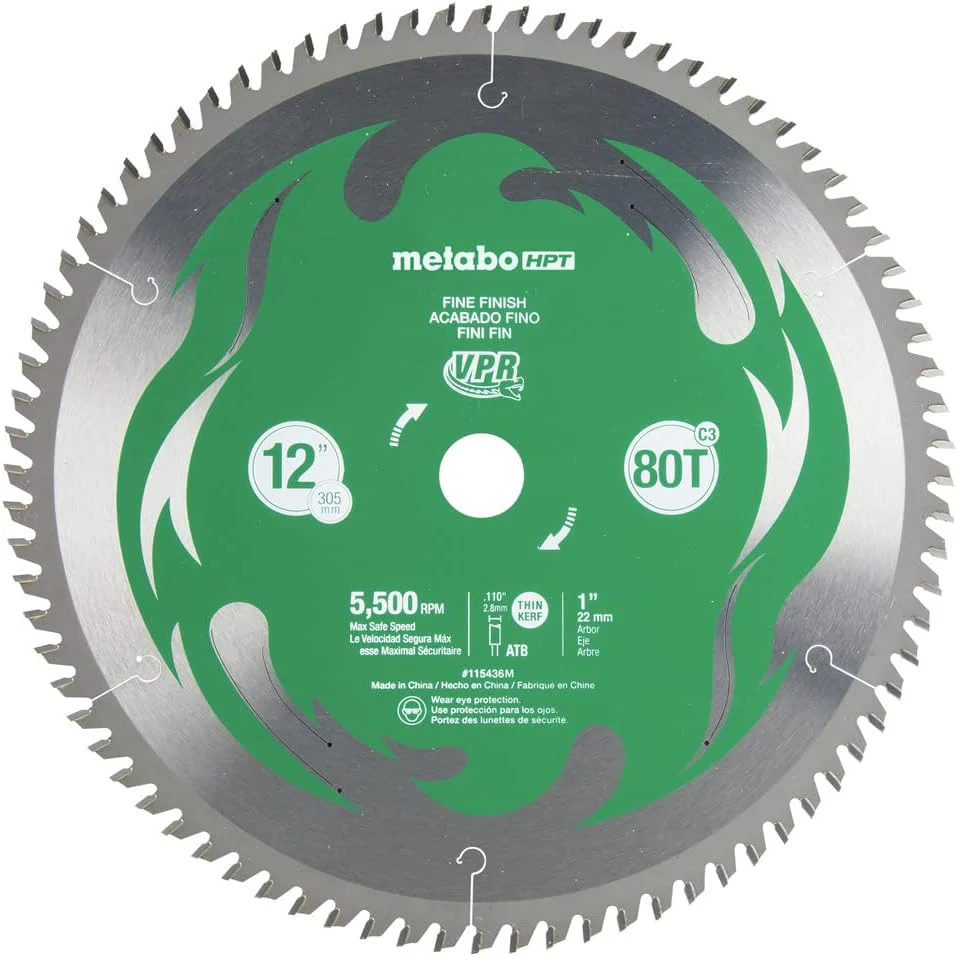 Metabl HPT 115436M, 12-Inch Miter Saw Blade, 80T, Fine Finish, 1-Inch Arbor, Thin Kerf, 5500 Max RPM