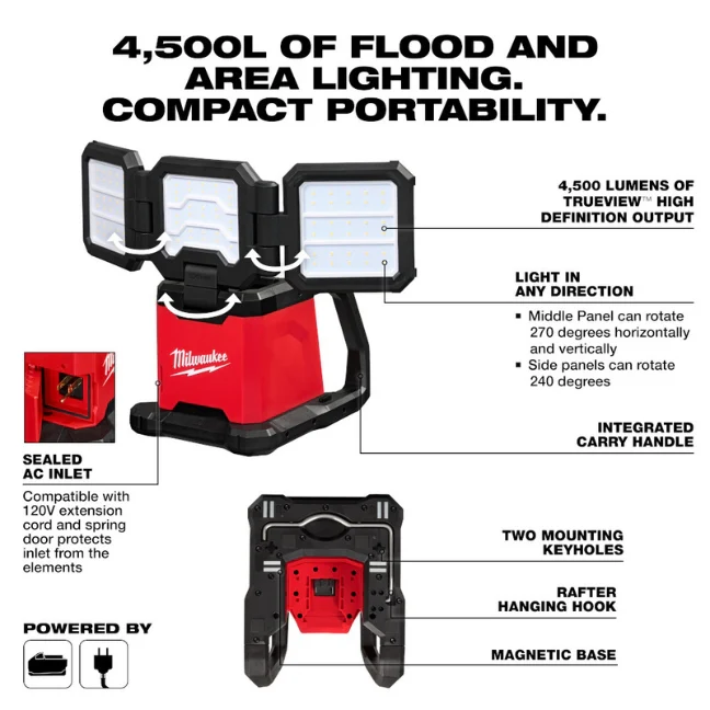 Milwaukee 2368-20, M18™ ROVER™ Dual Power Triple-Panel Flood & Area Light - Image 2