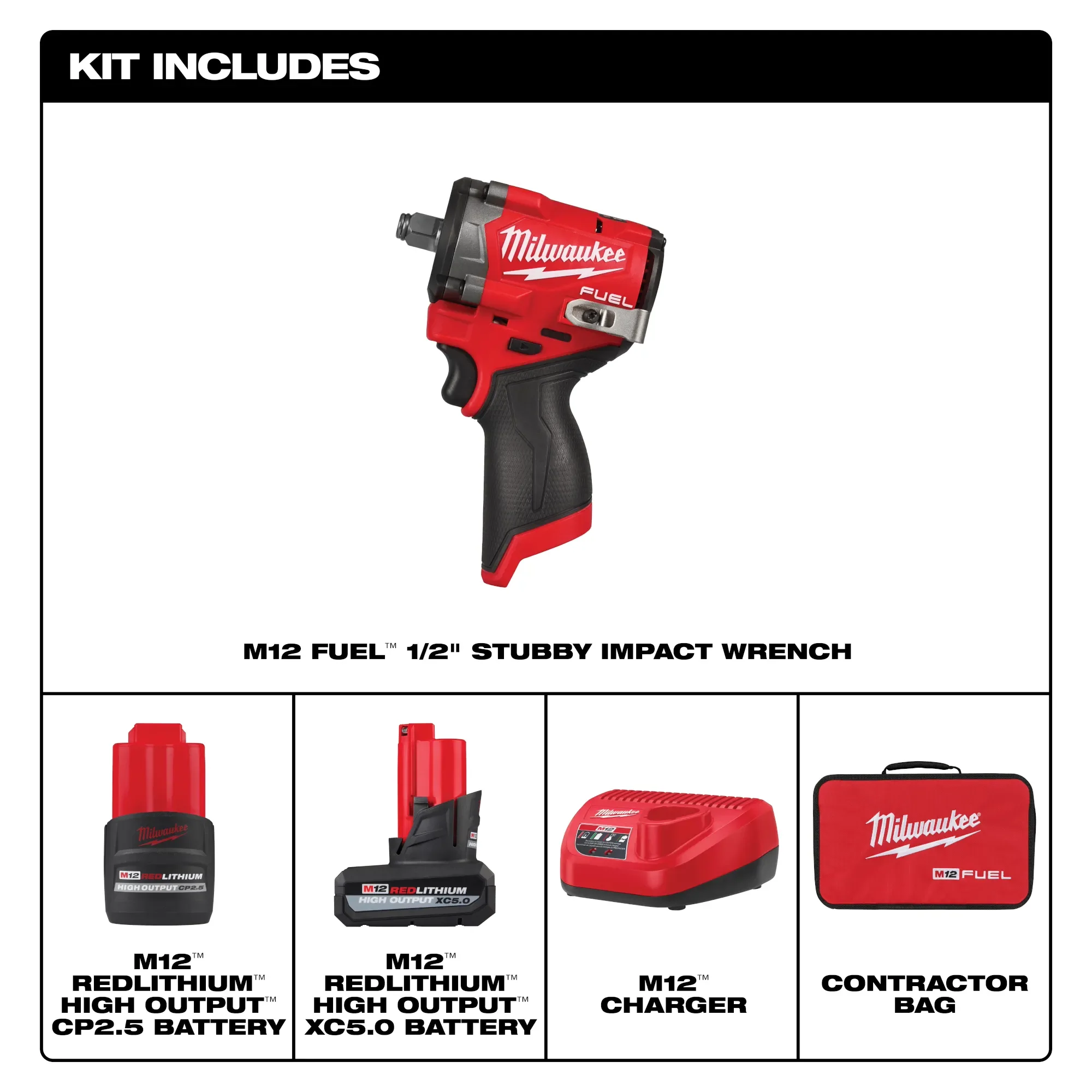 Milwaukee 2563-22, M12 FUEL™ Stubby 1/2" Impact Wrench Kit - Image 2