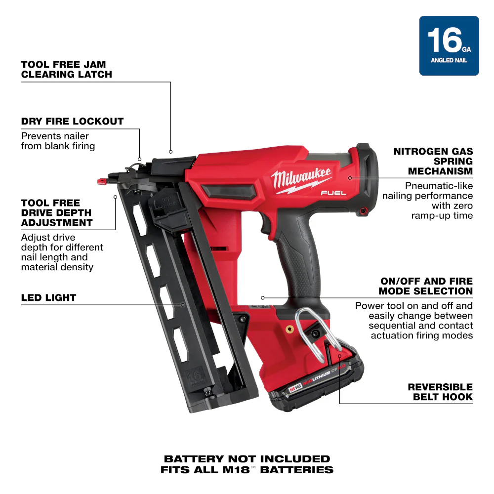 Milwaukee 2841-21CT, M18 FUEL 16 Gauge Angled Finish Nailer Kit - Image 4