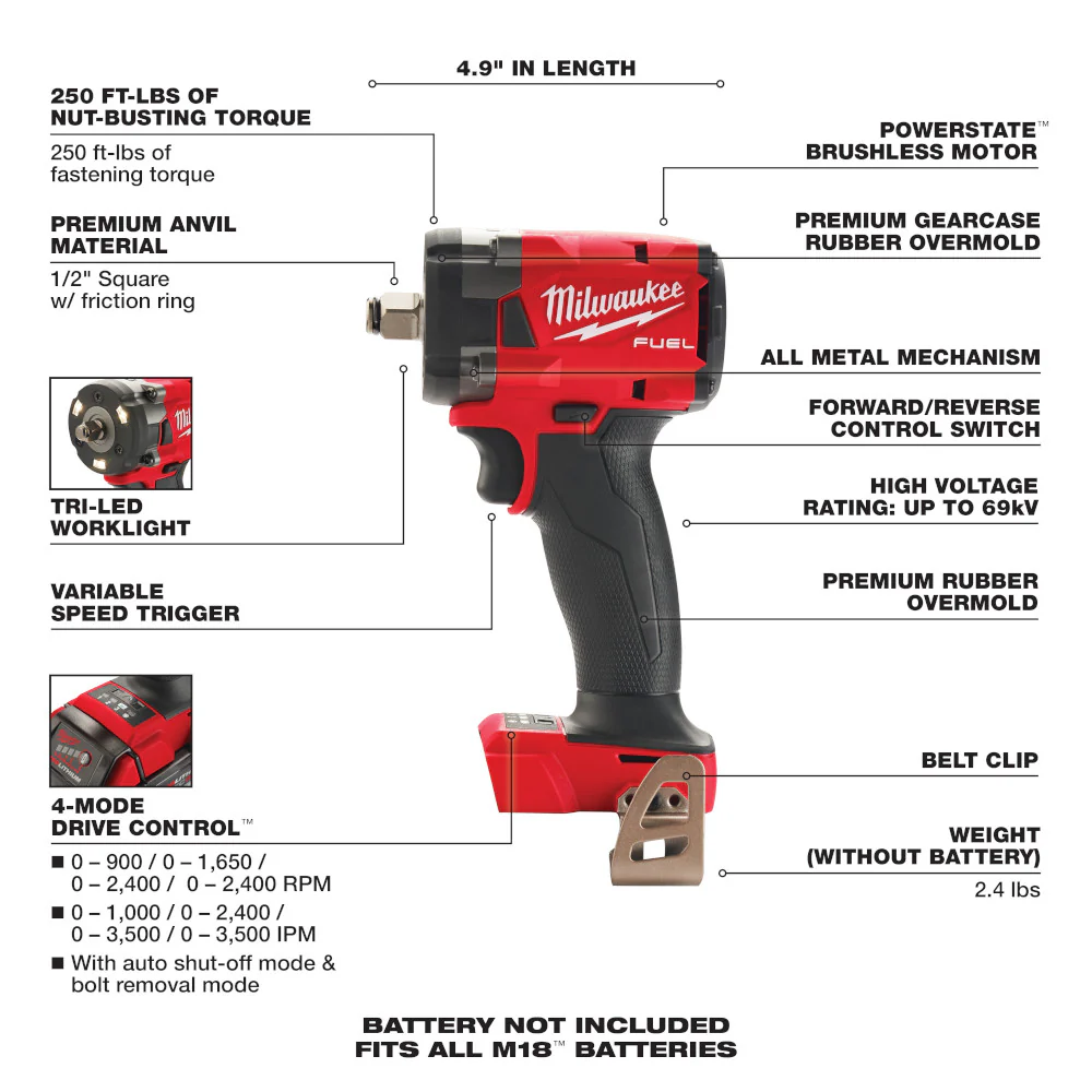 Milwaukee 2855-20, M18 FUEL 1/2" Compact Impact Wrench w/ Friction Ring (Tool Only) - Image 7