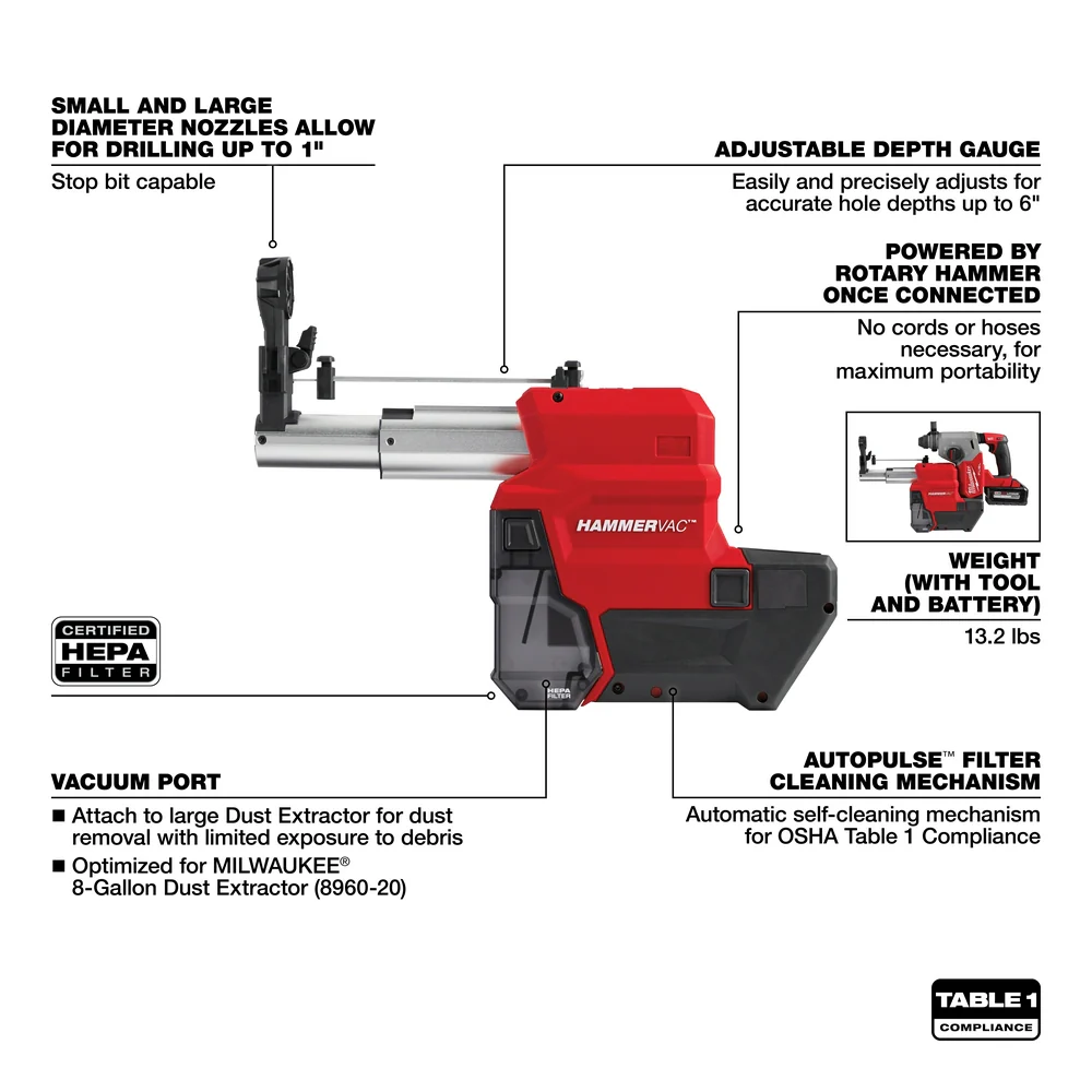 Milwaukee 2912-DE, M18 FUEL HAMMERVAC 1" Dedicated Dust Extractor - Image 4
