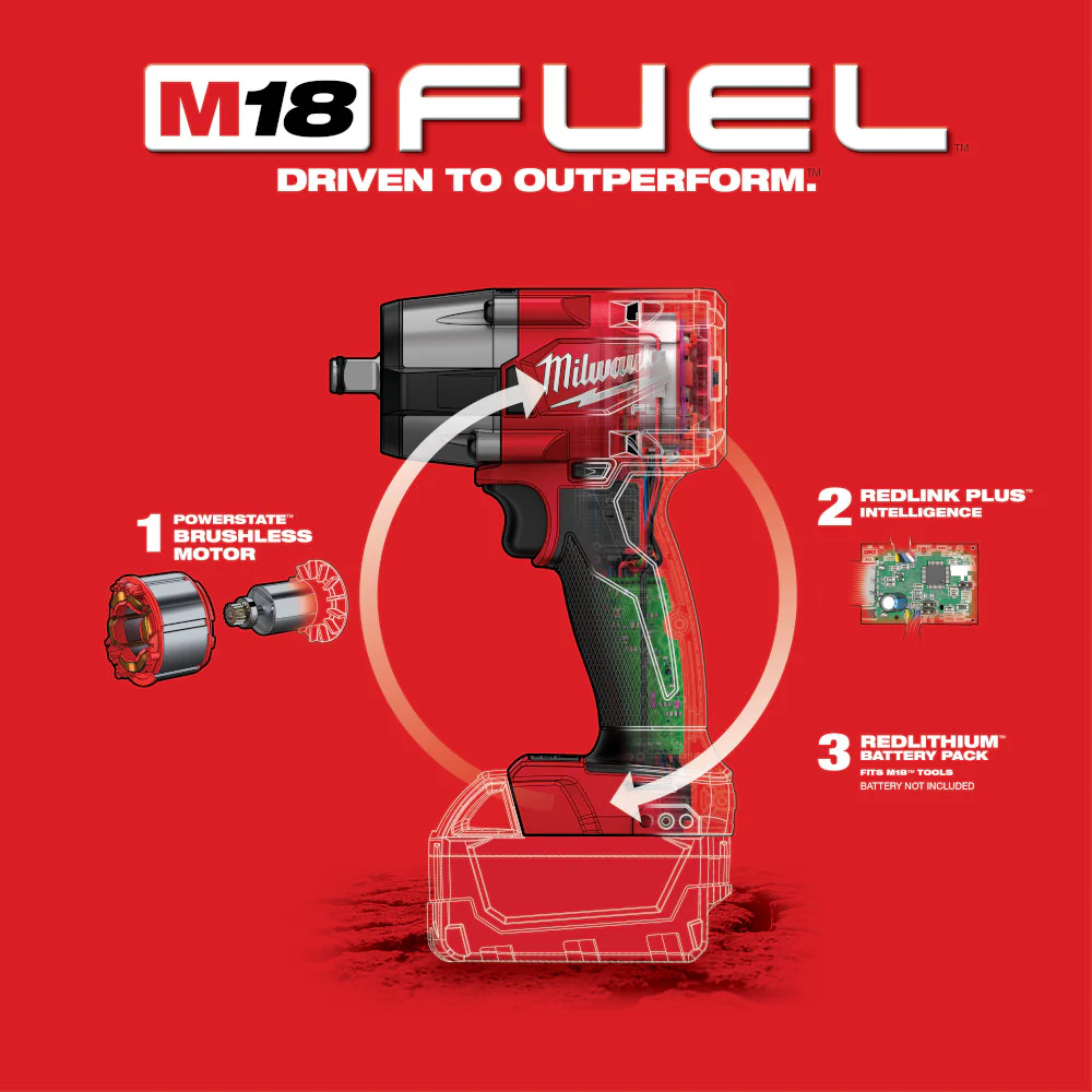 Milwaukee 2962-20, M18 FUEL 1/2" Mid-Torque Impact Wrench w/ Friction Ring (Tool Only) - Image 7
