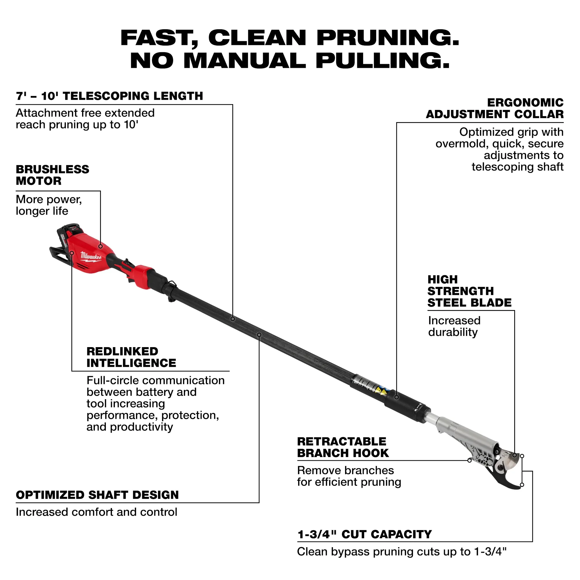 Milwaukee 3008-21, M18™ Brushless Telescoping Pole Pruning Shears Kit - Image 3