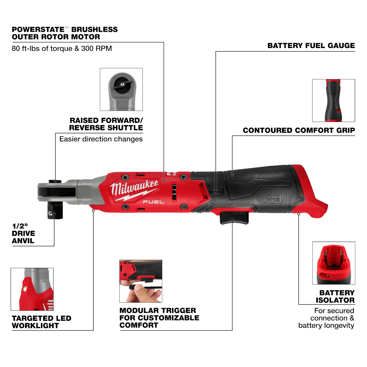 Milwaukee 3054-20, M12 FUEL™ 1/2" Ratchet (Tool Only) - Image 5