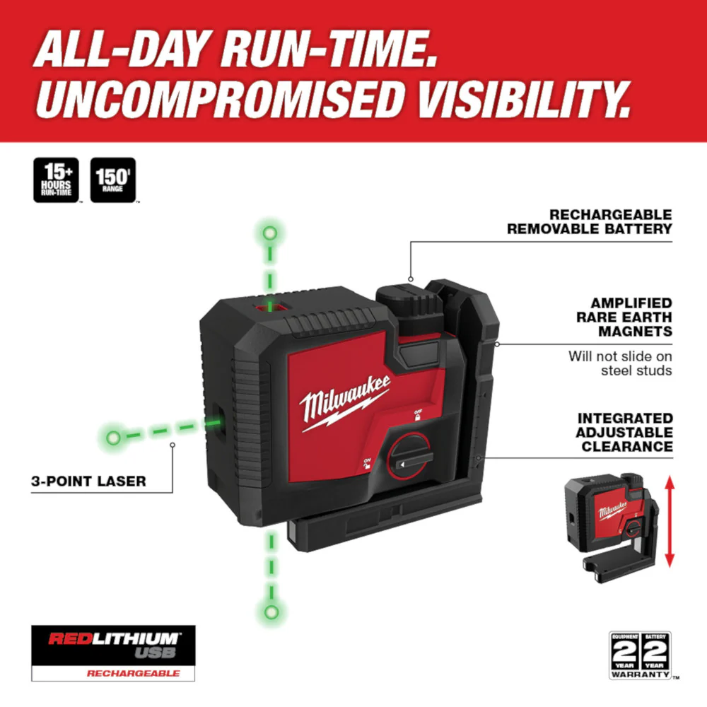 Milwaukee 3510-21, USB Rechargeable Green 3-Point Laser - Image 4
