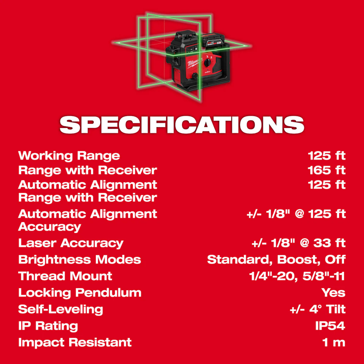 Milwaukee 3642-21, M12™ Green 360° 3-Plane Laser w/Automatic Alignment & Receiver - Image 8