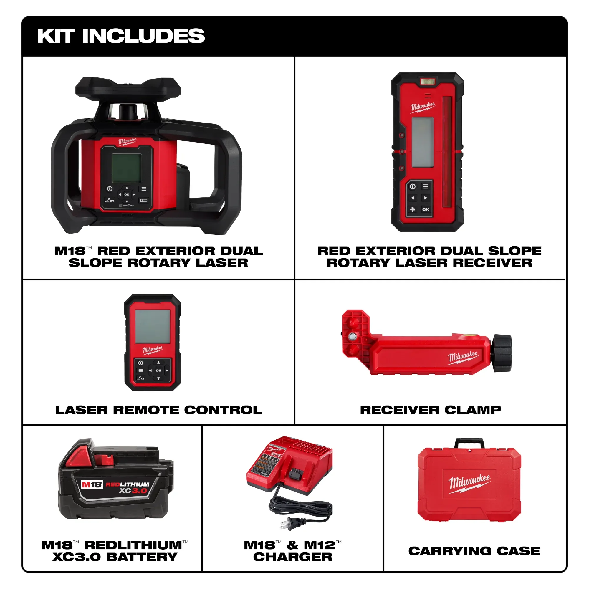 Milwaukee 3704-21, M18™ Red Exterior Dual Slope Rotary Laser Level Kit w/ Receiver & Remote - Image 2