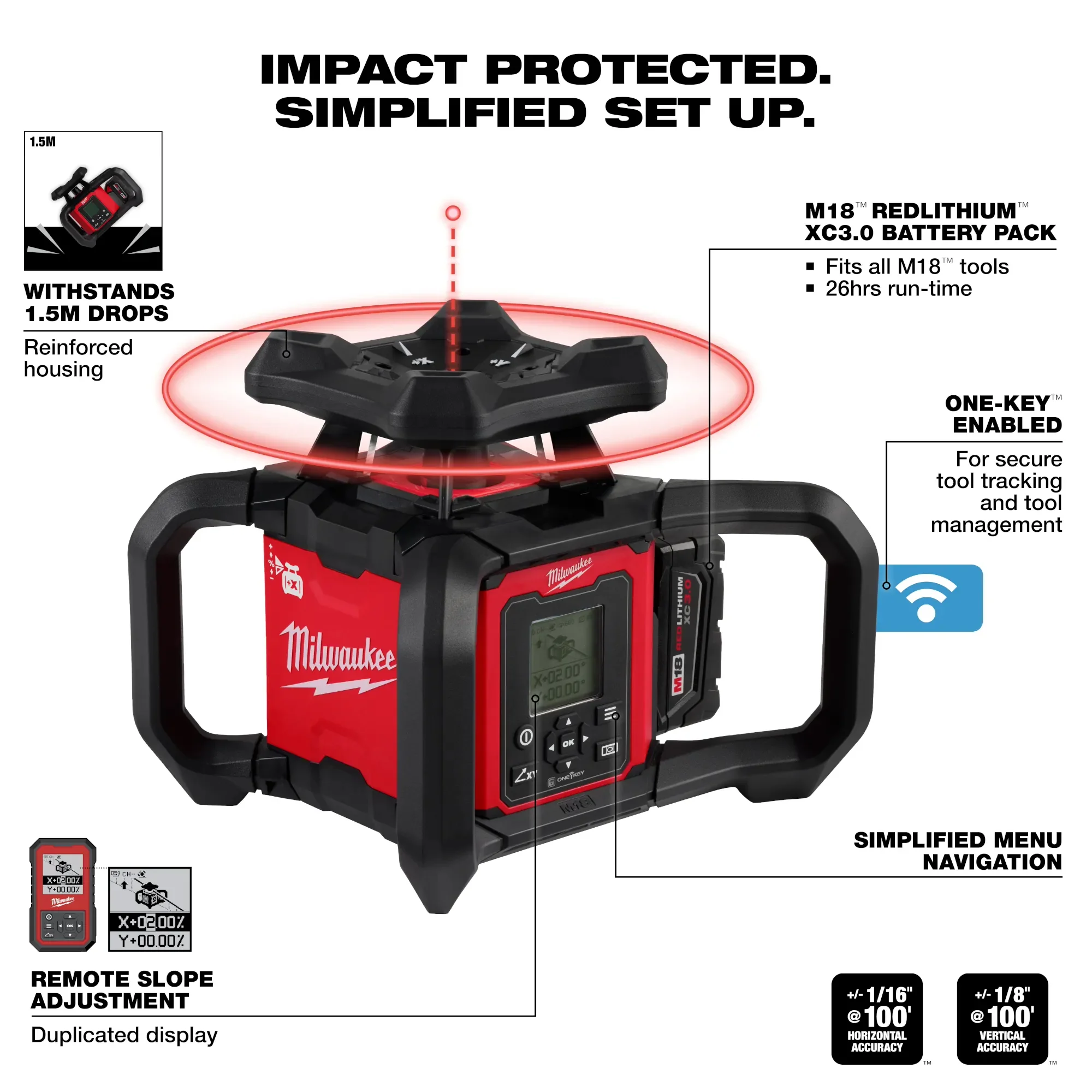 Milwaukee 3704-21, M18™ Red Exterior Dual Slope Rotary Laser Level Kit w/ Receiver & Remote - Image 3