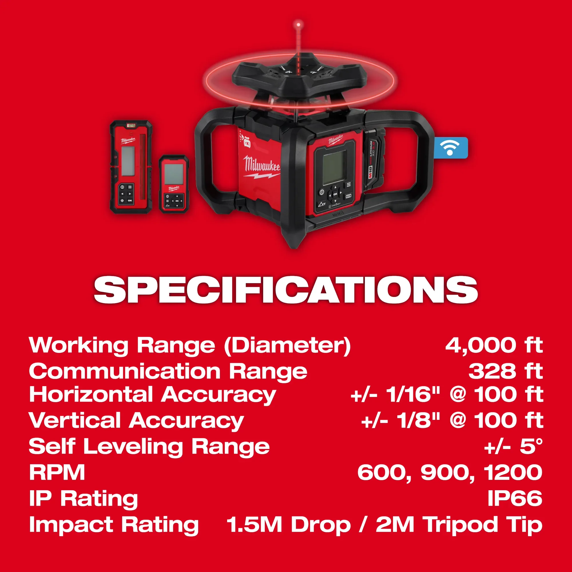 Milwaukee 3704-21, M18™ Red Exterior Dual Slope Rotary Laser Level Kit w/ Receiver & Remote - Image 4
