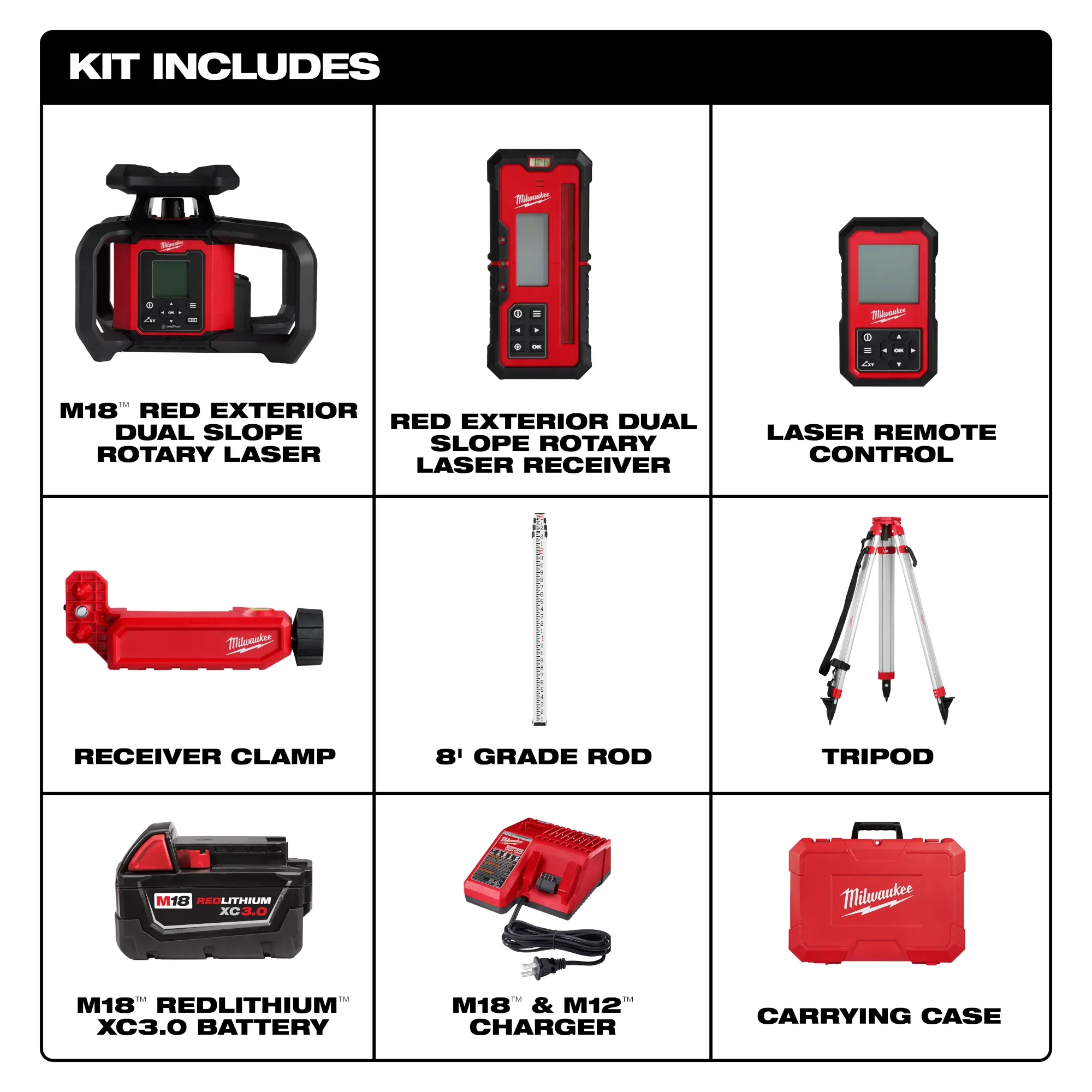 Milwaukee 3704-21T, M18™ Red Exterior Dual Slope Rotary Laser Level Kit w/ Receiver, Remote, Grade Rod & Tripod - Image 2