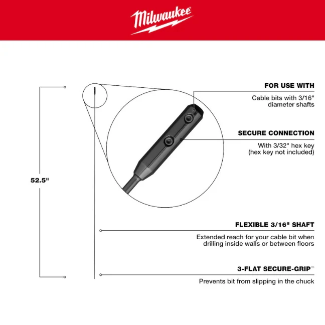 Milwaukee 48-13-8124, 1/4” x 50-1/2″ x 52-1/2″ Flexible Cable Bit Extension - Image 7