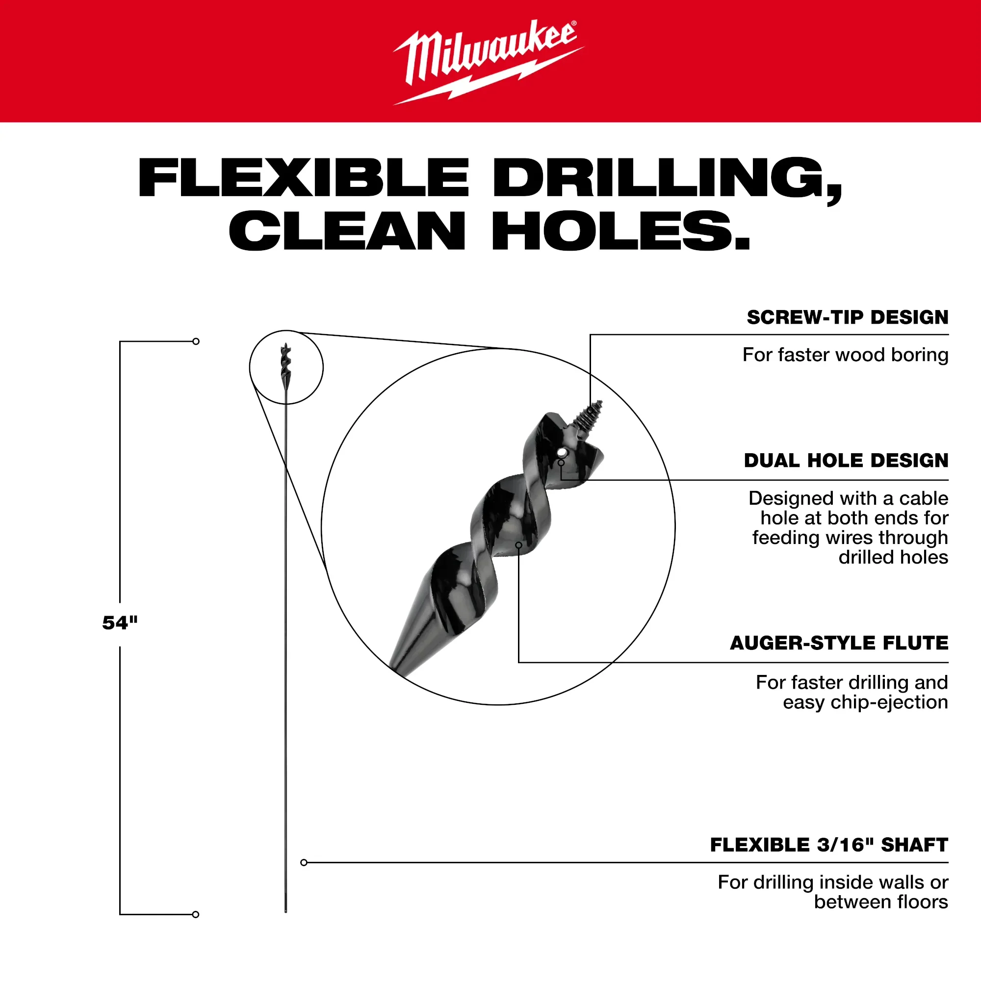 Milwaukee 48-13-8256, 9/16” x 54" Flexible Cable Auger Bit - Image 4