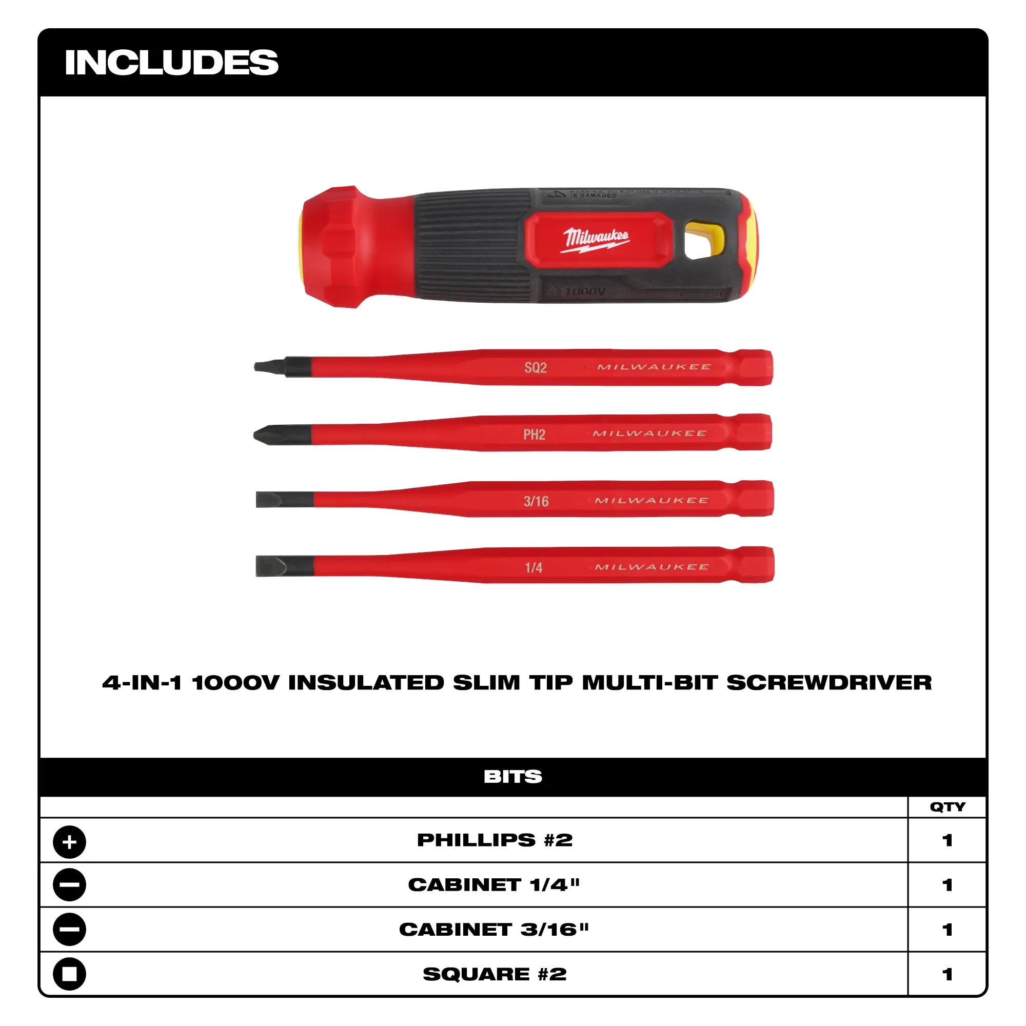 Milwaukee 48-22-2216, 4-in-1 1000V Insulated Slim Tip Multi-Bit Screwdriver - Image 2