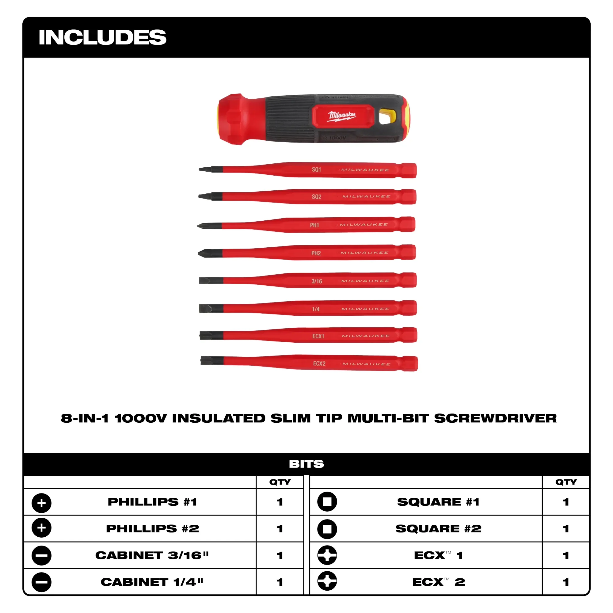 Milwaukee 48-22-2218, 8-in-1 1000V Insulated Slim Tip Multi-Bit Screwdriver - Image 2