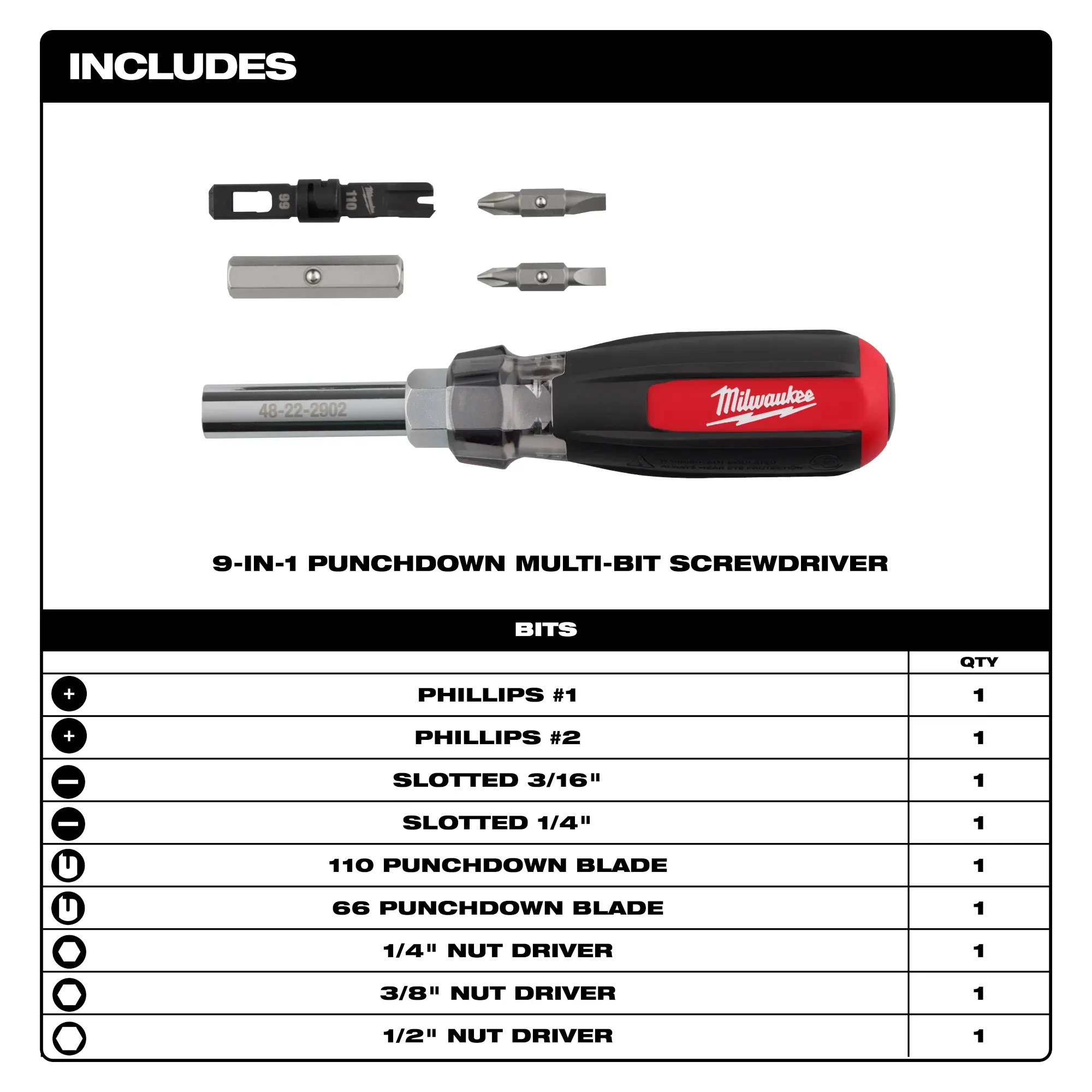 Milwaukee 48-22-2902, 9in1 Punchdown Multi-Bit Screwdriver - Image 2
