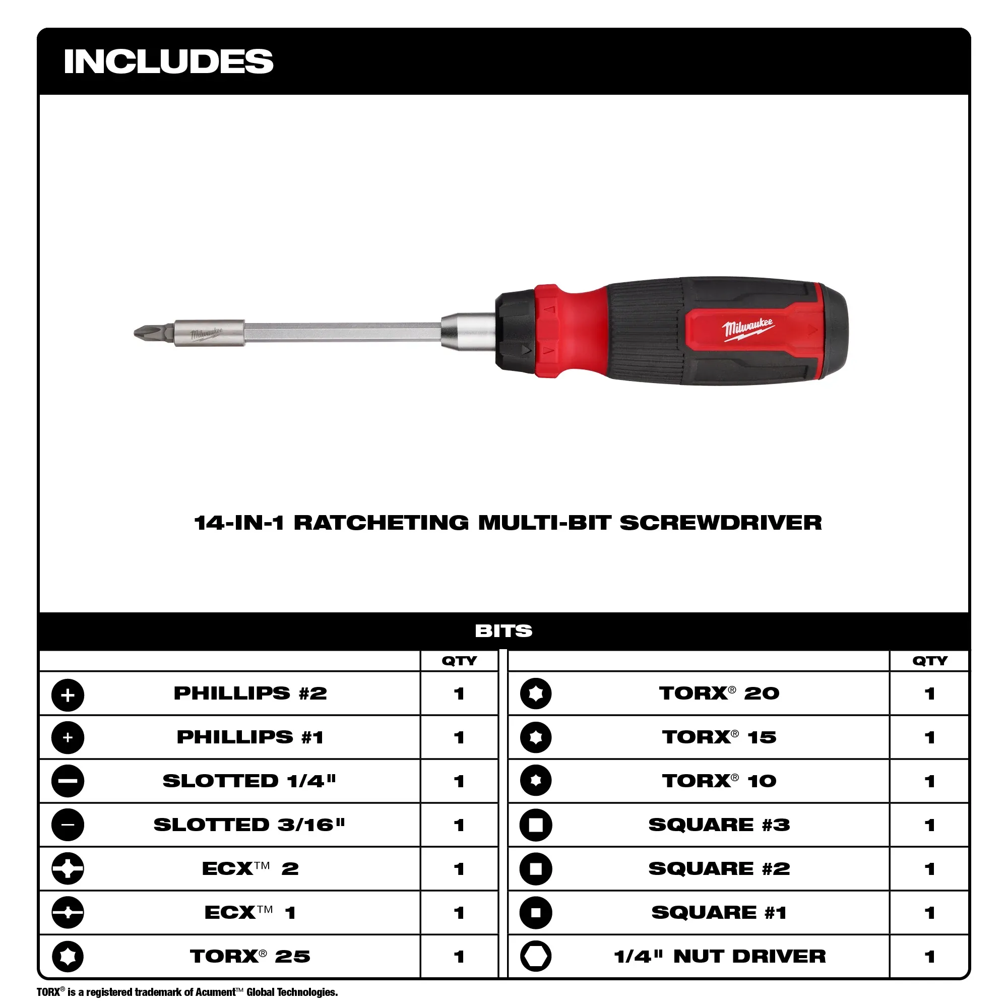 Milwaukee 48-22-2903, 14-in-1 Ratcheting Multi-Bit Screwdriver - Image 2