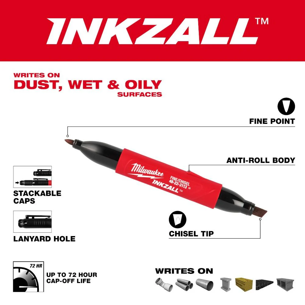 Milwaukee 48-22-3113, INKZALL Double Sided Black Jobsite Marker - Fine Point and Chisel Tip - Image 2