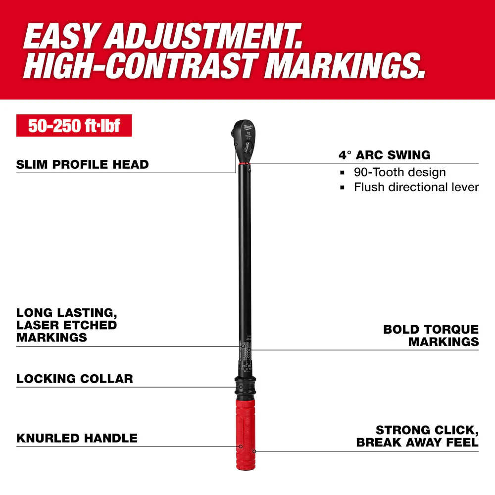 Milwaukee 48-22-9203, 1/2" Drive Click Torque Wrench (50-250 ft·lbf) - Image 3